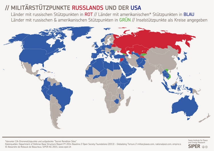 Karte: Militärstutzpunkte Russlands und der USA