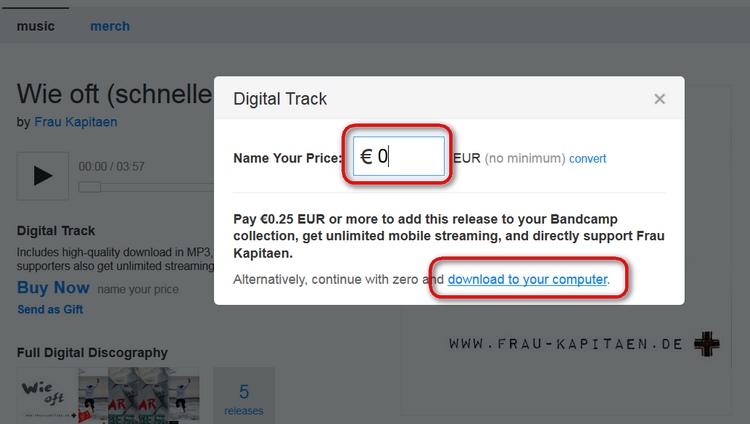 Darstellung des Kaufen-Dialog; Eingabe von 0 Euro und der Link download to your computer sind rot markiert.